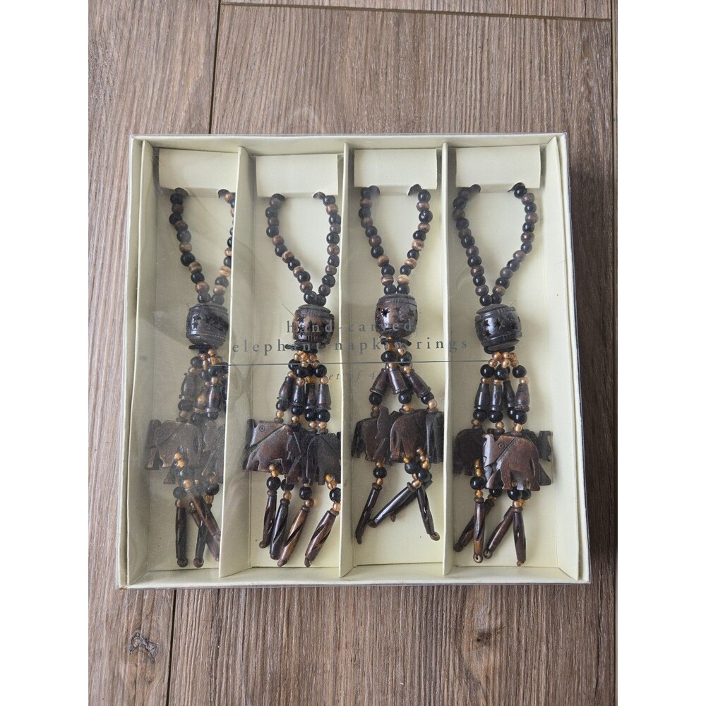 Pier 1 Imports Hand Carved Elephant Wood Beaded Napkin Rings  Set of 4 NIB